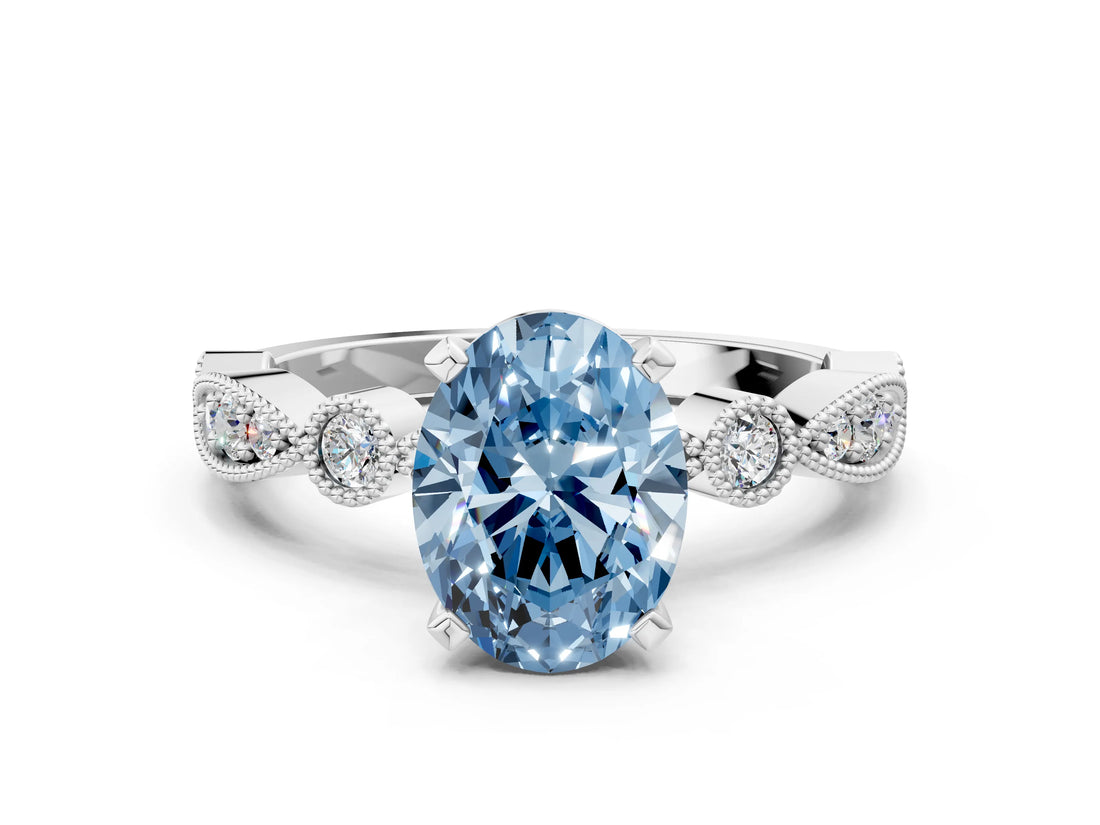 White gold Fancy Blue Oval  Milgrain Bezel Diamond Engagement Ring with Solitaire Prong Setting_132