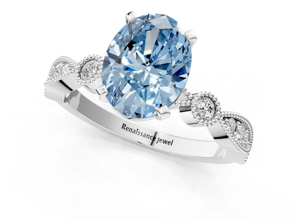 White gold Fancy Blue Oval  Milgrain Bezel Diamond Engagement Ring with Solitaire Prong Setting
