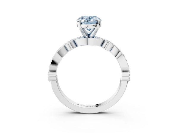 White gold Fancy Blue Oval  Milgrain Bezel Diamond Engagement Ring with Solitaire Prong Setting