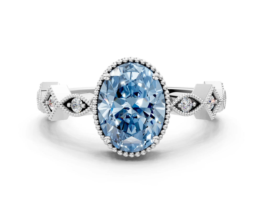 White gold Fancy Blue Oval  Milgrain Marquise Diamond Twist Band Ring_63