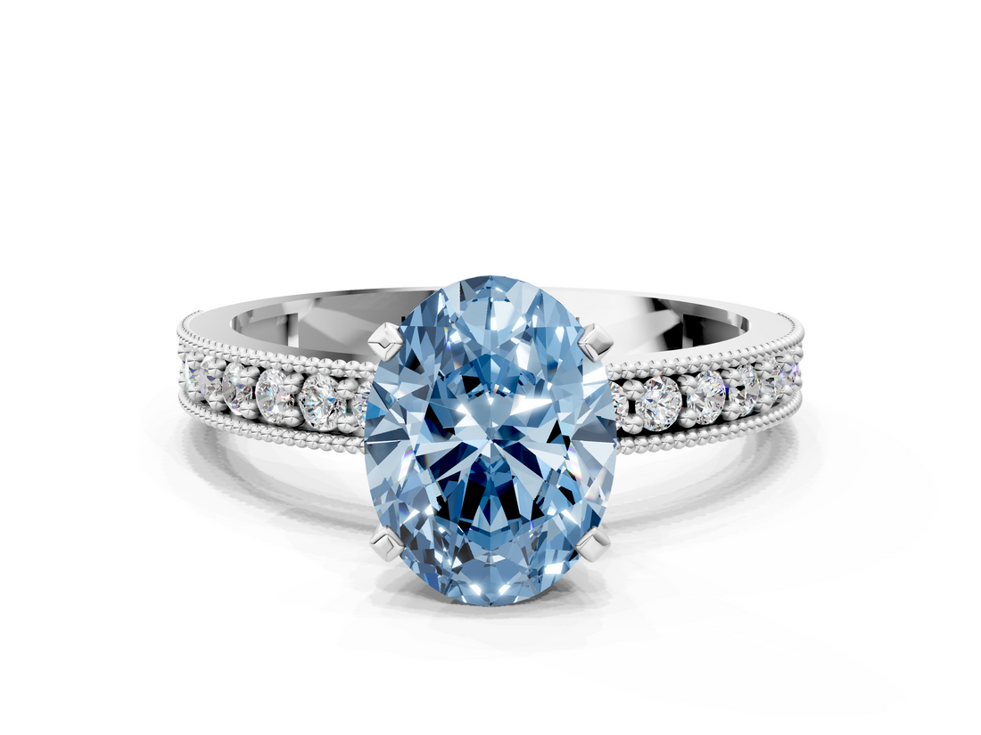 White gold Fancy Blue Oval  Milgrain Pave Diamond Engagement Ring with Four-Prong Setting_166