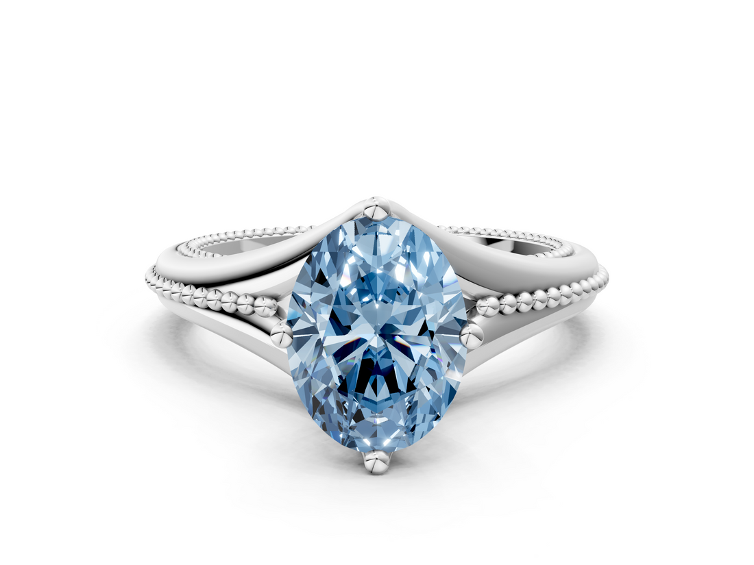 White gold Fancy Blue Oval  Solitaire Beaded Band Six-Prong Setting_6