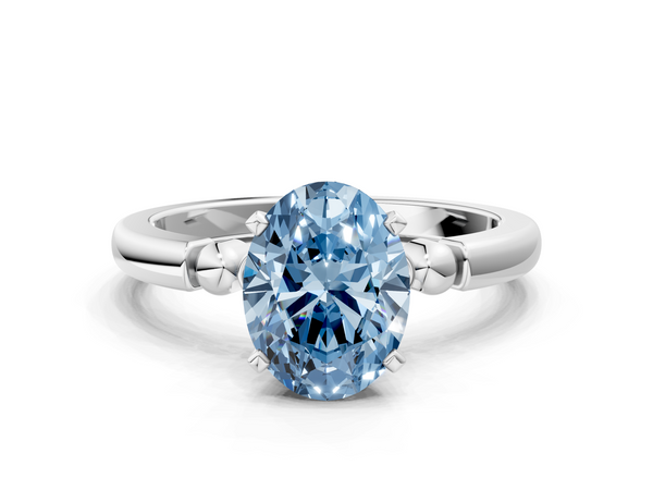 Platinum Fancy Blue Oval  Solitaire Beaded Band with Four-Prong Setting