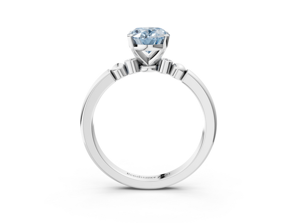 Platinum Fancy Blue Oval  Solitaire Beaded Band with Four-Prong Setting