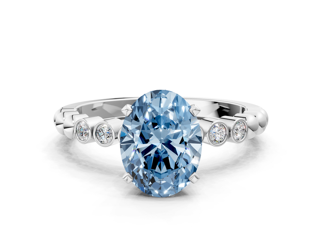 White gold Fancy Blue Oval  Solitaire Bezel Accent Diamond Engagement Ring with Beaded Band and Four-Prong Setting_31