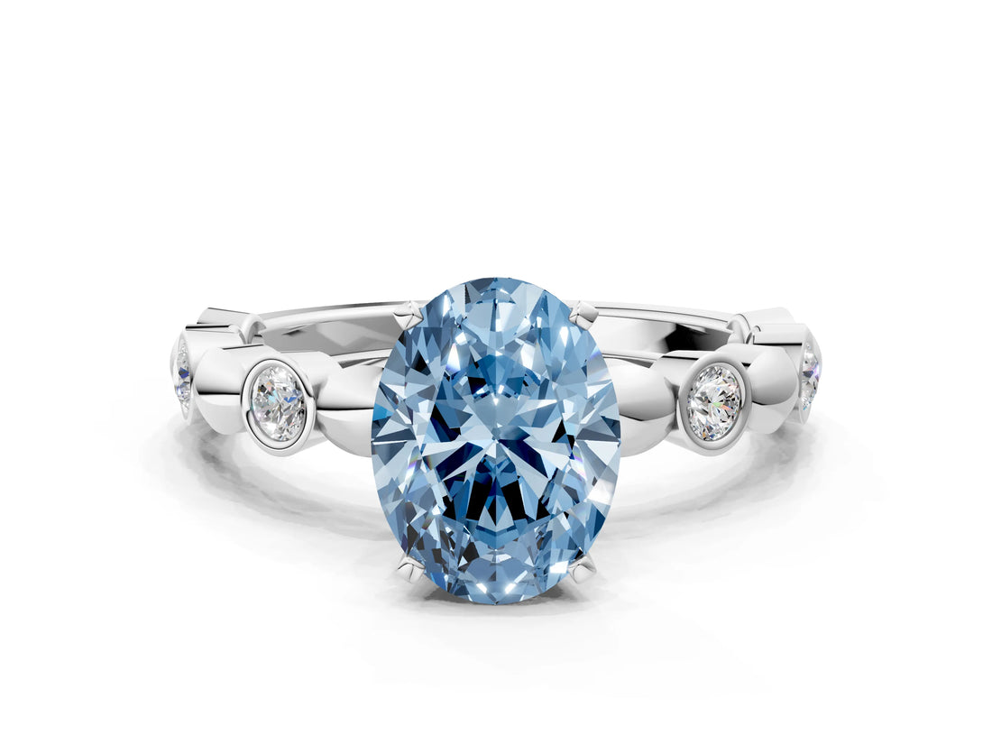 White gold Fancy Blue Oval  Solitaire Bezel-Set Diamond Ring with Beaded Band and Four-Prong Setting_32