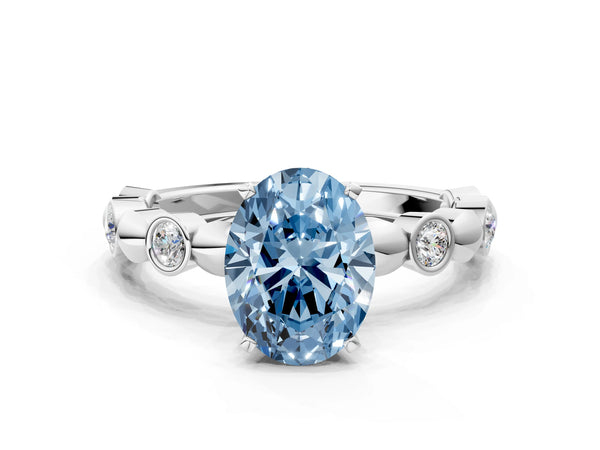 White gold Fancy Blue Oval  Solitaire Bezel-Set Diamond Ring with Beaded Band and Four-Prong Setting