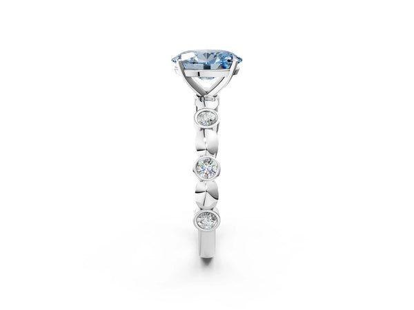 White gold Fancy Blue Oval  Solitaire Bezel-Set Diamond Ring with Beaded Band and Four-Prong Setting