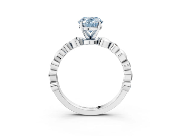 White gold Fancy Blue Oval  Solitaire Bezel-Set Diamond Ring with Beaded Band and Four-Prong Setting