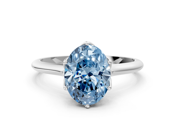 Silver Fancy Blue Oval  Solitaire Cathedral Diamond Ring with Six-Prong Setting