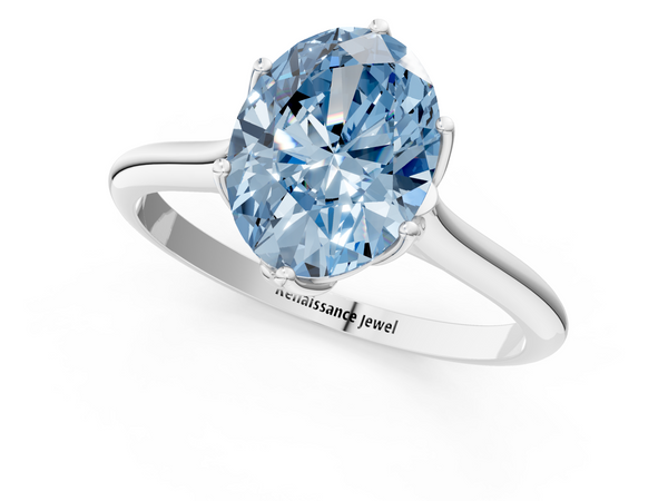 Silver Fancy Blue Oval  Solitaire Cathedral Diamond Ring with Six-Prong Setting