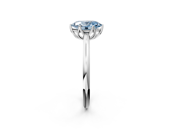 Silver Fancy Blue Oval  Solitaire Cathedral Diamond Ring with Six-Prong Setting