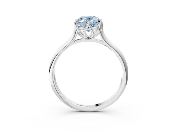 Silver Fancy Blue Oval  Solitaire Cathedral Diamond Ring with Six-Prong Setting