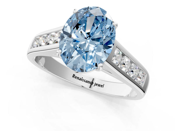 Platinum Fancy Blue Oval  Solitaire Channel-Set Diamond Engagement Ring with Four-Prong Setting