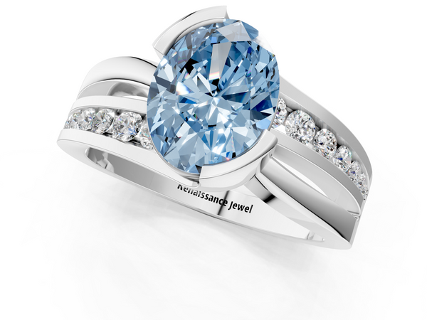 Silver Fancy Blue Oval  Solitaire Channel-Set Split Shank Ring with Tension Prong Setting