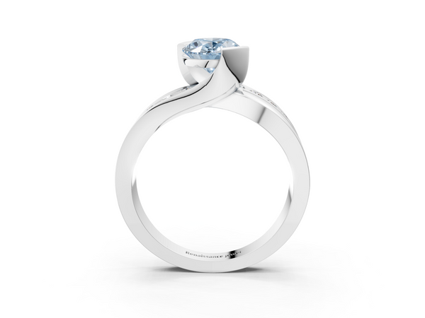 Silver Fancy Blue Oval  Solitaire Channel-Set Split Shank Ring with Tension Prong Setting