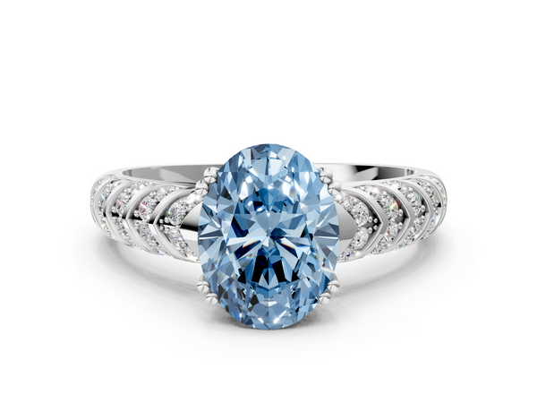 Platinum Fancy Blue Oval  Solitaire Chevron Pave Diamond Engagement Ring with Six-Prong Setting