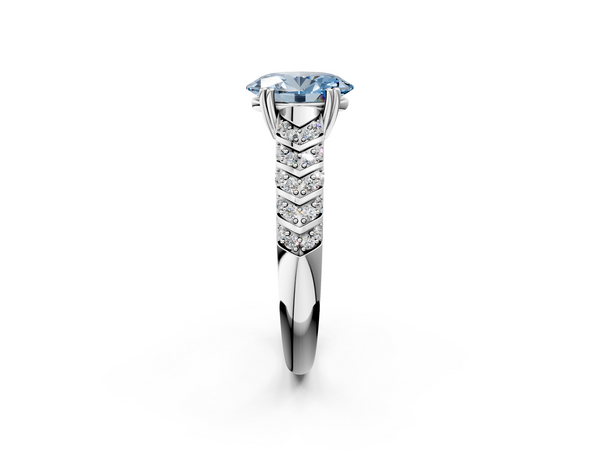 Platinum Fancy Blue Oval  Solitaire Chevron Pave Diamond Engagement Ring with Six-Prong Setting