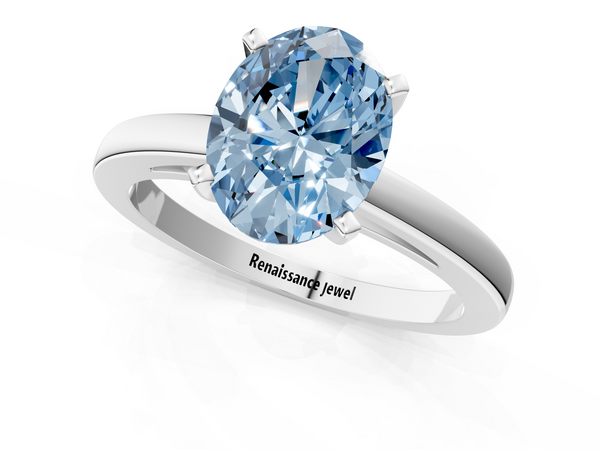 Platinum Fancy Blue Oval  Solitaire Diamond Engagement Ring with Four-Prong Setting on a Classic Band