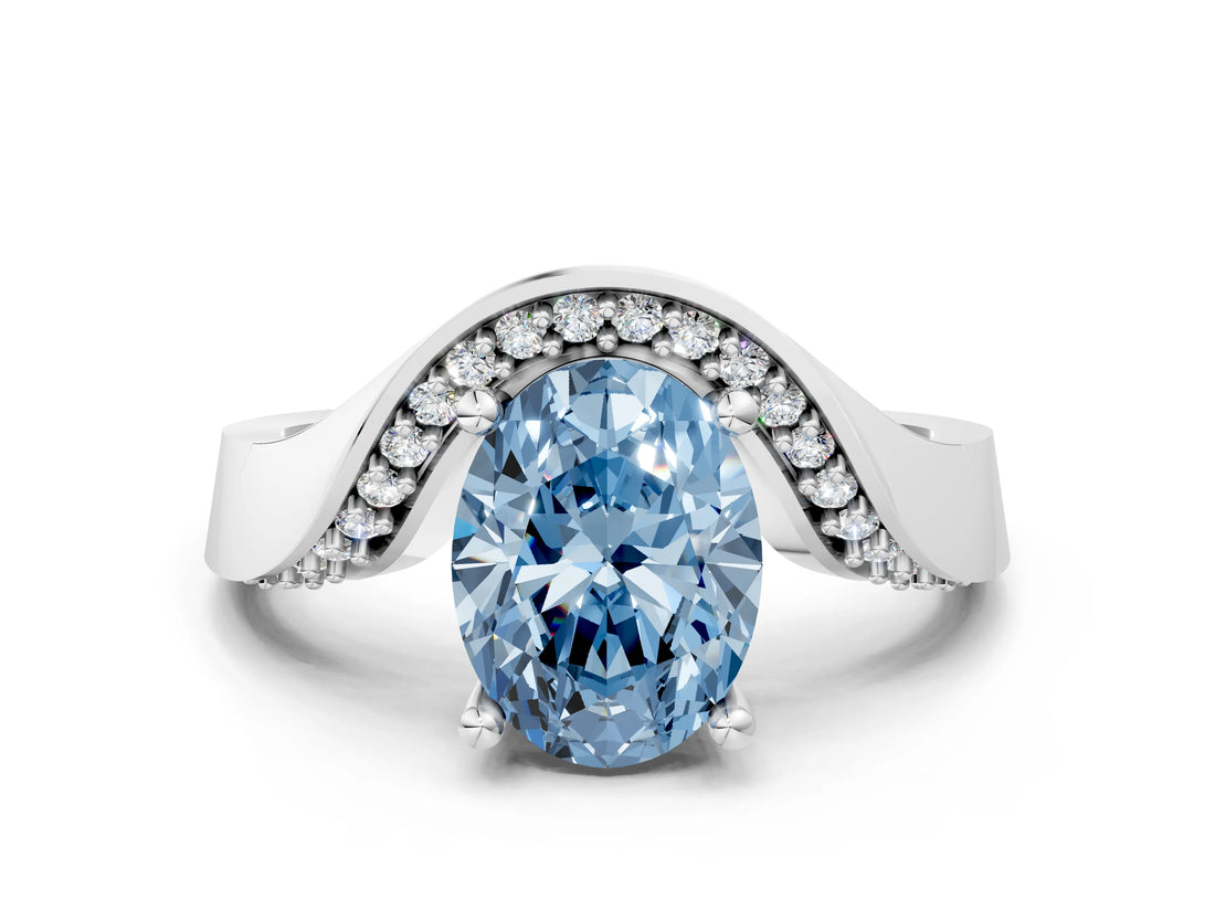 White gold Fancy Blue Oval  Solitaire Diamond Engagement Ring with Pave Band and Four-Prong Setting 1