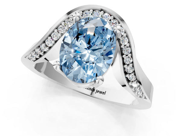 White gold Fancy Blue Oval  Solitaire Diamond Engagement Ring with Pave Band and Four-Prong Setting