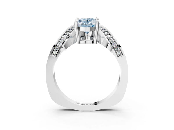 White gold Fancy Blue Oval  Solitaire Diamond Engagement Ring with Pave Band and Four-Prong Setting
