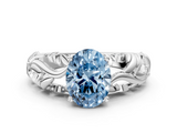 White gold Fancy Blue Oval  Solitaire Diamond Leaf Vine Band with Prong Setting_23