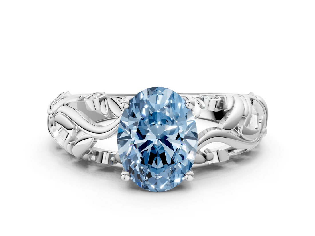 White gold Fancy Blue Oval  Solitaire Diamond Leaf Vine Band with Prong Setting_28