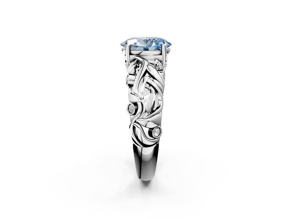 White gold Fancy Blue Oval Cut Solitaire Diamond Leaf-Inspired Vine Band Ring with Prong Setting