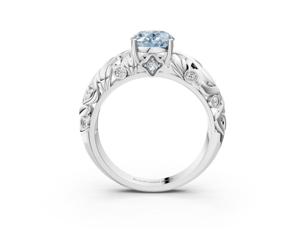 White gold Fancy Blue Oval Cut Solitaire Diamond Leaf-Inspired Vine Band Ring with Prong Setting