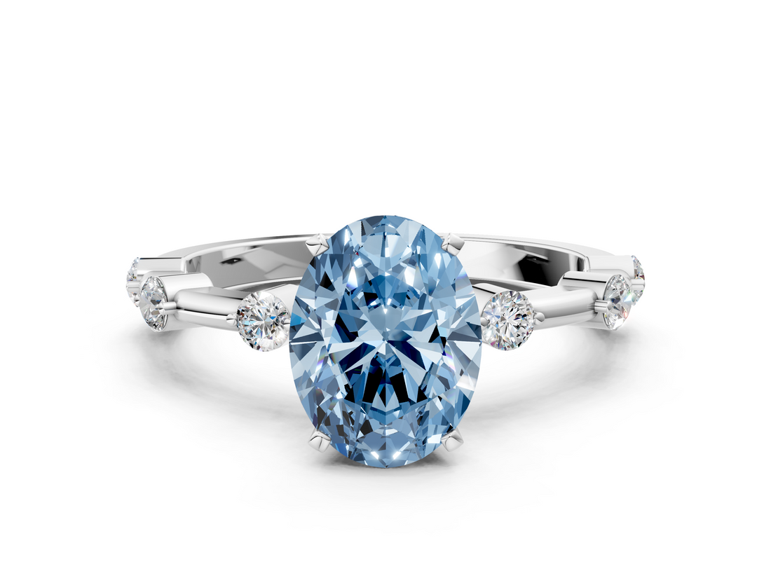White gold Fancy Blue Oval  Solitaire Diamond Ring with Bezel Set Side Stones and Prong Setting_3
