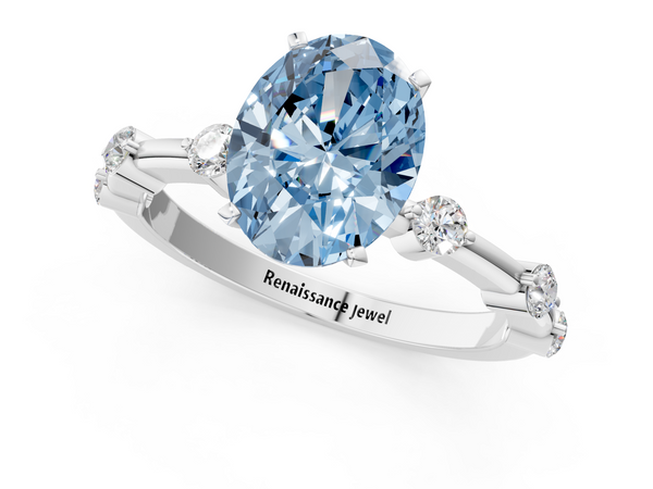 White gold Fancy Blue Oval  Solitaire Diamond Ring with Bezel Set Side Stones and Prong Setting