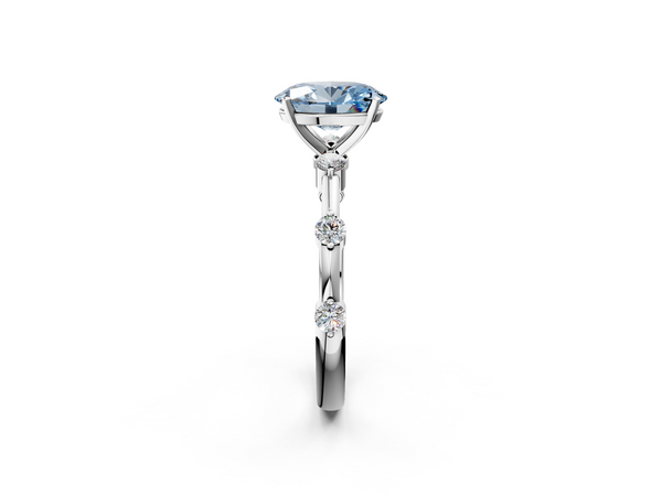 White gold Fancy Blue Oval  Solitaire Diamond Ring with Bezel Set Side Stones and Prong Setting