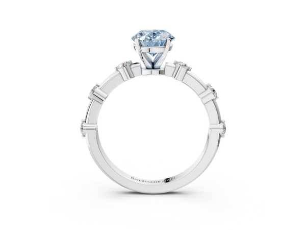 White gold Fancy Blue Oval  Solitaire Diamond Ring with Bezel Set Side Stones and Prong Setting