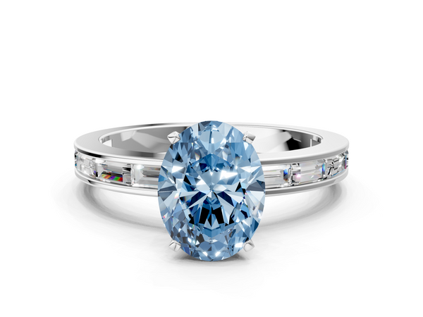 Platinum Fancy Blue Oval  Solitaire Diamond Ring with Channel-Set Baguette Band and Four-Prong Setting