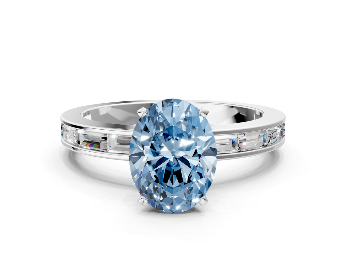 White gold Fancy Blue Oval  Solitaire Diamond Ring with Channel-Set Baguette Band and Four-Prong Setting_86