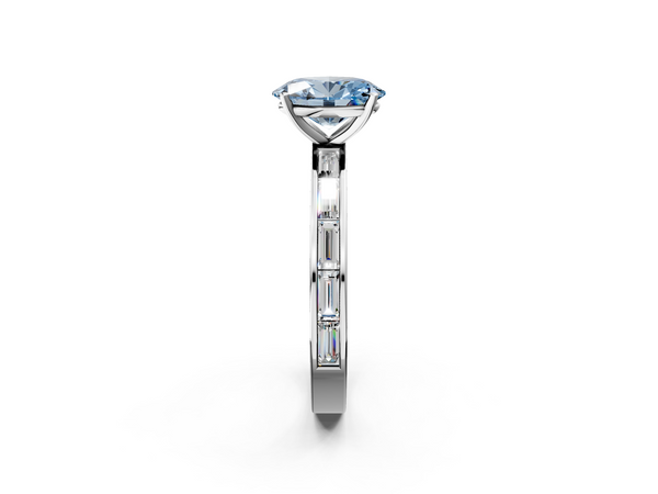 Platinum Fancy Blue Oval  Solitaire Diamond Ring with Channel-Set Baguette Band and Four-Prong Setting