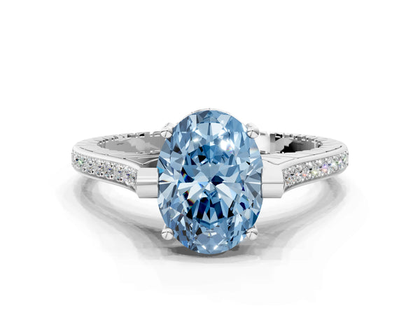 Platinum Fancy Blue Oval  Solitaire Diamond Ring with Channel Set Band and Bezel Prong Setting
