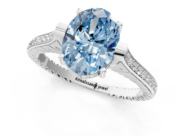 Platinum Fancy Blue Oval  Solitaire Diamond Ring with Channel Set Band and Bezel Prong Setting
