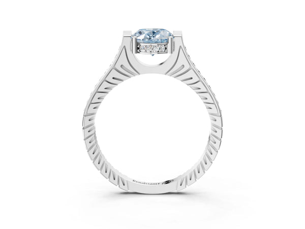 Platinum Fancy Blue Oval  Solitaire Diamond Ring with Channel Set Band and Bezel Prong Setting