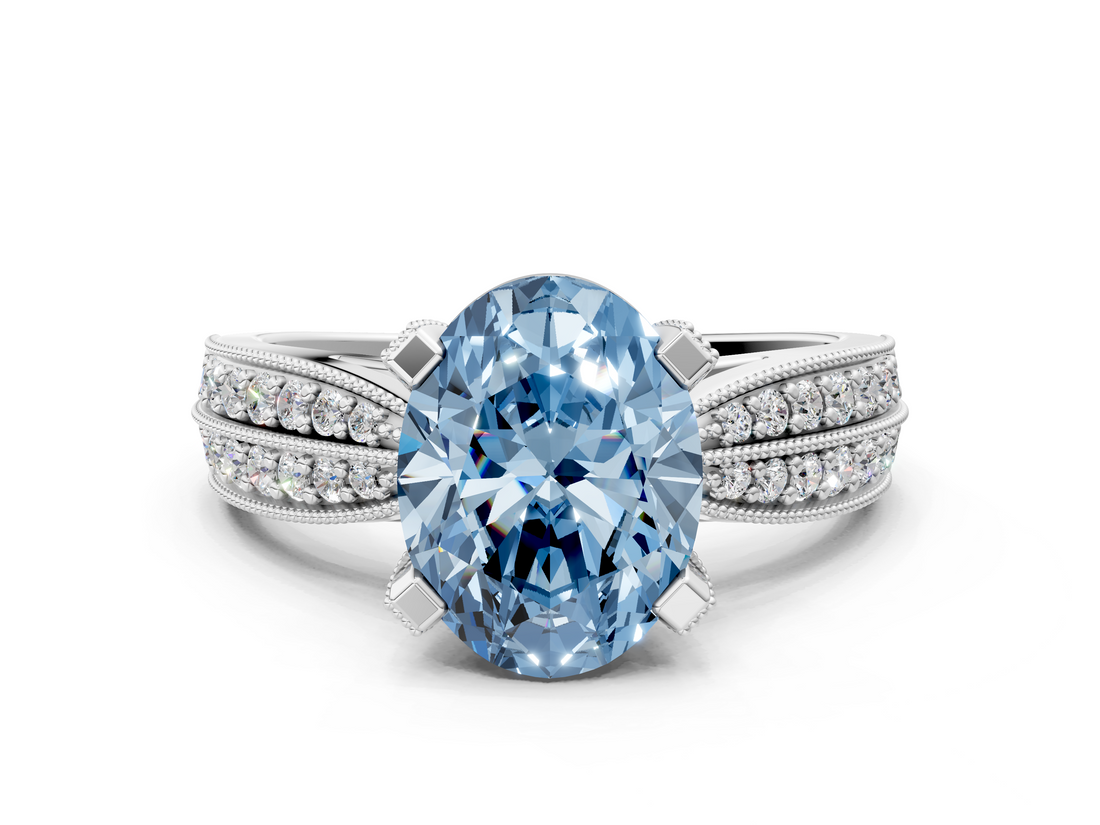 White gold Fancy Blue Oval  Solitaire Diamond Ring with Milgrain Pavé Band and Four-Prong Setting_20
