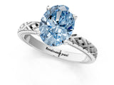 White gold Fancy Blue Oval  Solitaire Diamond Ring with Milgrain and Black Enamel X Pattern Band_246