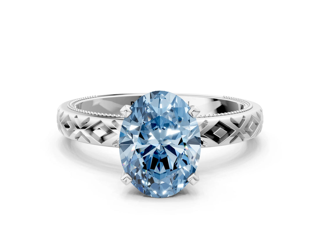 White gold Fancy Blue Oval  Solitaire Diamond Ring with Milgrain and Black Enamel X Pattern Band_246
