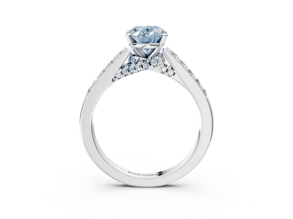 White gold Fancy Blue Oval  Diamond Solitaire Ring with Pavé Band and Prong Setting