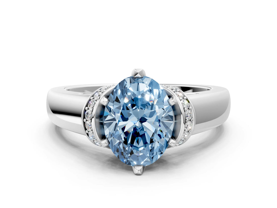 White gold Fancy Blue Oval  Solitaire Diamond Ring with Pave Band and Six-Prong Setting_32