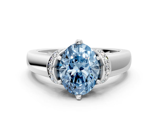 White gold Fancy Blue Oval  Solitaire Diamond Ring with Pave Band and Six-Prong Setting