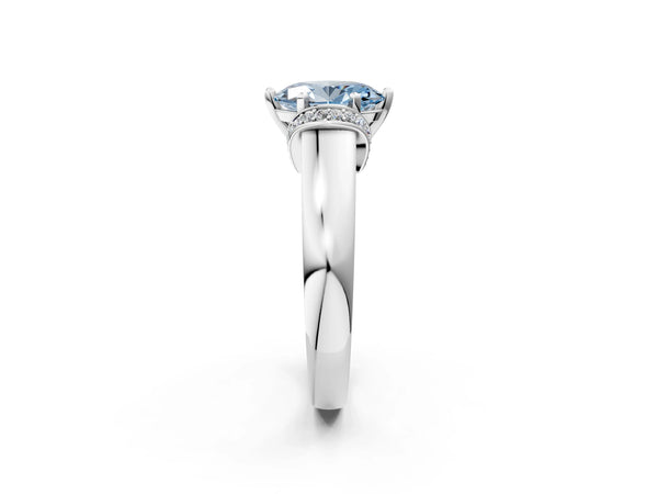 White gold Fancy Blue Oval  Solitaire Diamond Ring with Pave Band and Six-Prong Setting