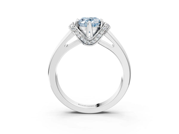 White gold Fancy Blue Oval  Solitaire Diamond Ring with Pave Band and Six-Prong Setting