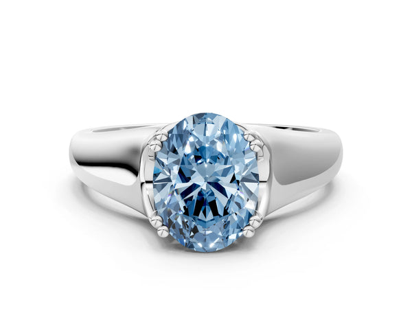 Platinum Fancy Blue Oval Cut Diamond Solitaire Ring with Wide Band and Prong Setting