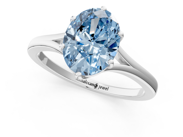White gold Fancy Blue Oval  Solitaire Diamond Ring with Six-Prong Setting and Tapered Band